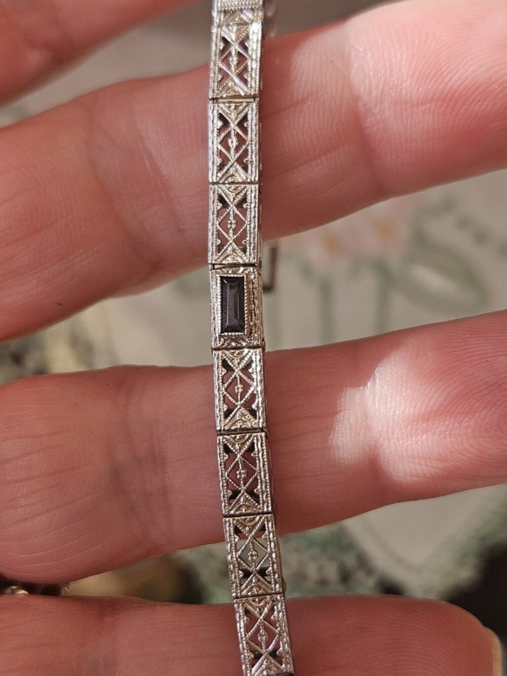 Vintage Art Deco 10k White Gold Geometric Filigree Link Bracelet 6.5g 6.75"